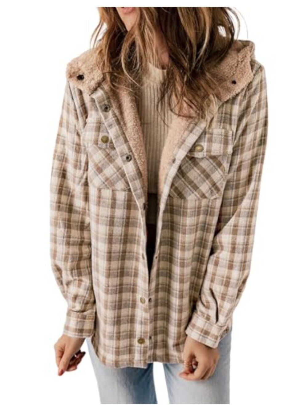 Womens Plaid Hooded Shacket Fleece Lined Warm Winter Coat